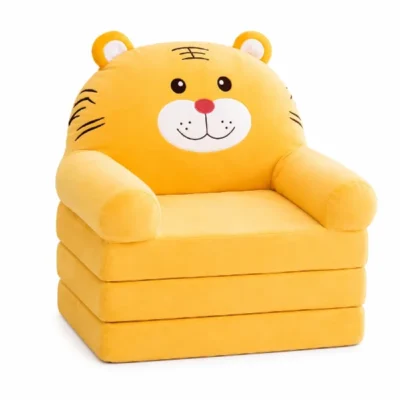 detska fotelja tigar vo zholta boja so meki potpirachi i troslojna preklopna konstrukcija