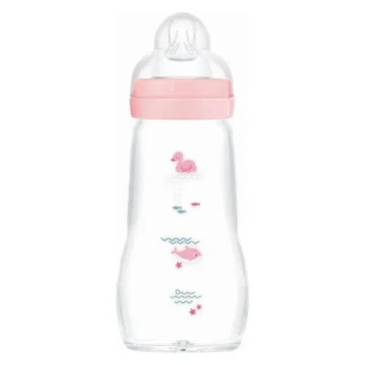 stakleno shishe za bebe MAM Feel Good 260 ml vo rozeva sina i krem varijanta