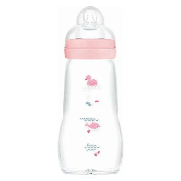 stakleno shishe za bebe MAM Feel Good 260 ml vo rozeva sina i krem varijanta