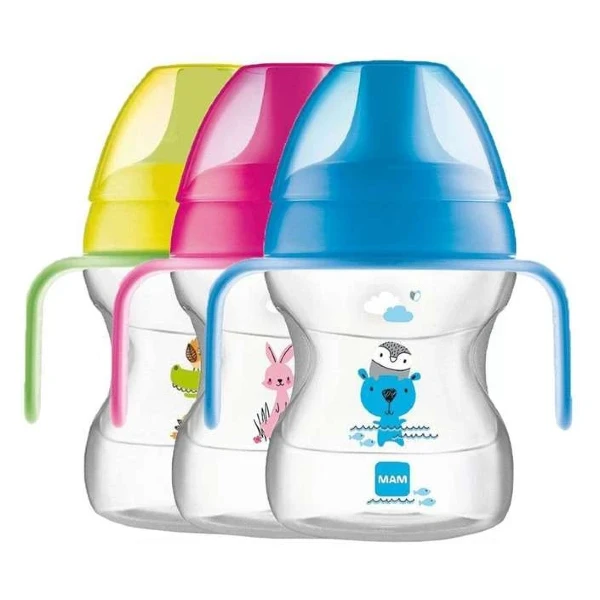 chashka za uchenje pienje MAM 190 ml so rachki vo sina rozeva i zholto zelena varijanta