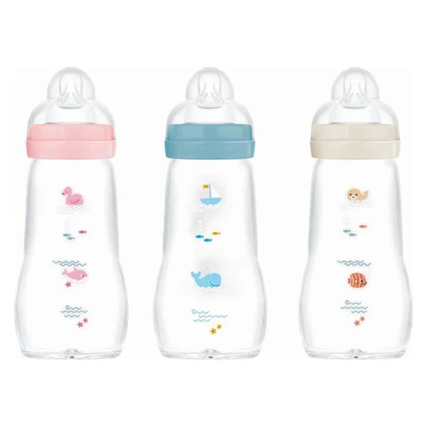 stakleno shishe za bebe MAM Feel Good 260 ml vo rozeva sina i krem varijanta