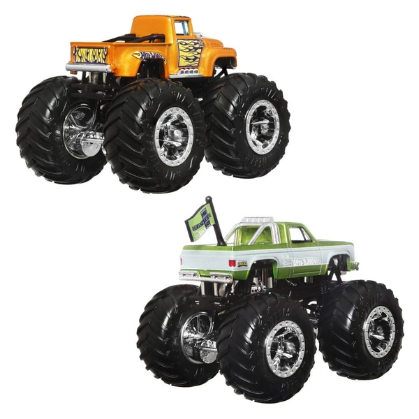 Двоен комплет Hot Wheels Monster Trucks Demolition Doubles, 1:64 – Портокалов и зелен пикап
