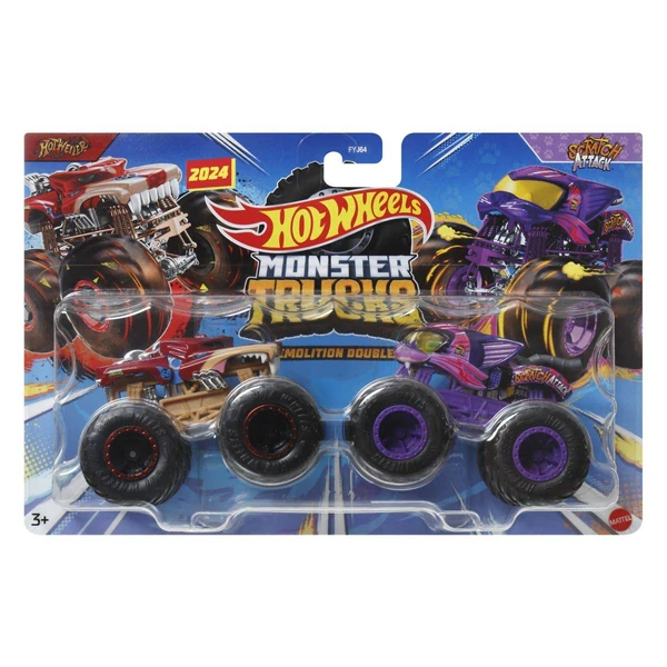 Двоен комплет Hot Wheels Monster Trucks Demolition Doubles, 1:64 – Hotweiler и Scratch Attack