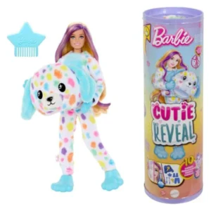 Кукла Barbie Cutie Reveal Color Dream со плишан костим на далматинец, чешел и пакување на бела позадина.