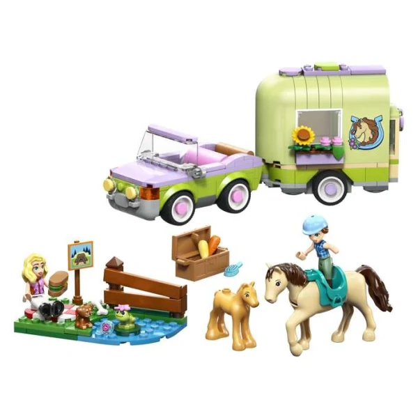 LEGO Friends 42695 – avtomobil i prikolka so dve figuri i koni