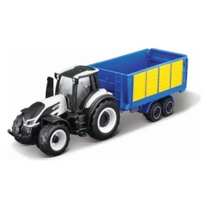 Трактор Maisto со приколка, 8 см – Fendt, MF, Valtra и NH – Сив трактор со сино-жолта приколка