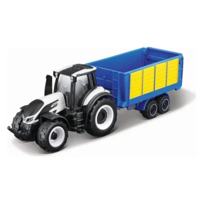 Трактор Maisto со приколка, 8 см – Fendt, MF, Valtra и NH – Сив трактор со сино-жолта приколка