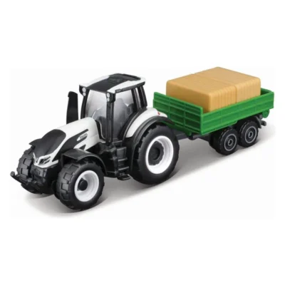 Трактор Maisto со приколка, 8 см – Fendt, MF, Valtra и NH – Сив трактор со зелена приколка
