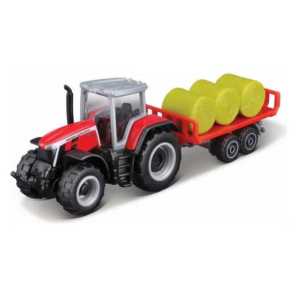 Трактор Maisto со приколка, 8 см – Fendt, MF, Valtra и NH – Црвен трактор со бали