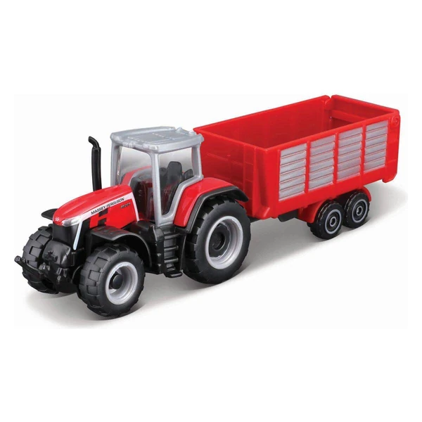 Трактор Maisto со приколка, 8 см – Fendt, MF, Valtra и NH – Црвен трактор со црвена приколка