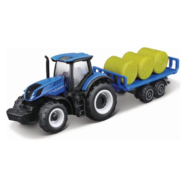 Трактор Maisto со приколка, 8 см – Fendt, MF, Valtra и NH – Син трактор со бали
