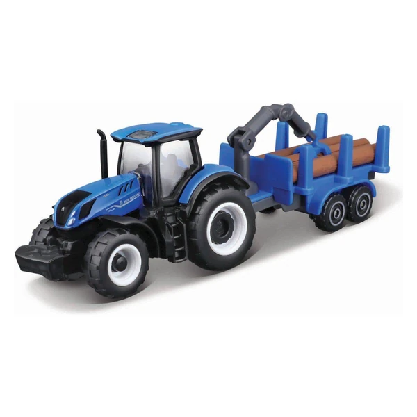 Трактор Maisto со приколка, 8 см – Fendt, MF, Valtra и NH – Син трактор со дрва