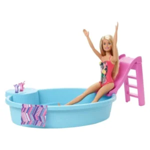 Barbie bazen so lizgalka – Set Barbie bazen so lizgalka i kukla, dve chashi i krpa