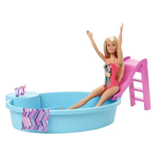 Barbie bazen so lizgalka – Set Barbie bazen so lizgalka i kukla, dve chashi i krpa