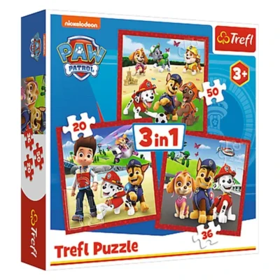 Комплет сложувалки Trefl 3во1, 20–50 делови – Paw Patrol – три тимски авантури