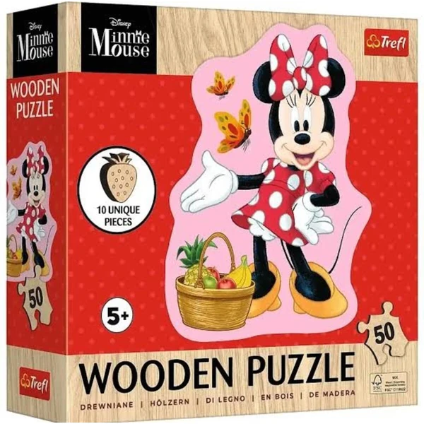 Дрвени сложувалки Trefl Wooden Puzzle, 50 делови – Wooden Junior – веселата Minnie