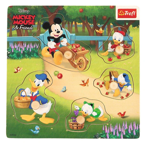 Дрвени сложувалки Trefl со рачки – Mickey и дружината – Mickey Mini – дружина во овоштарник