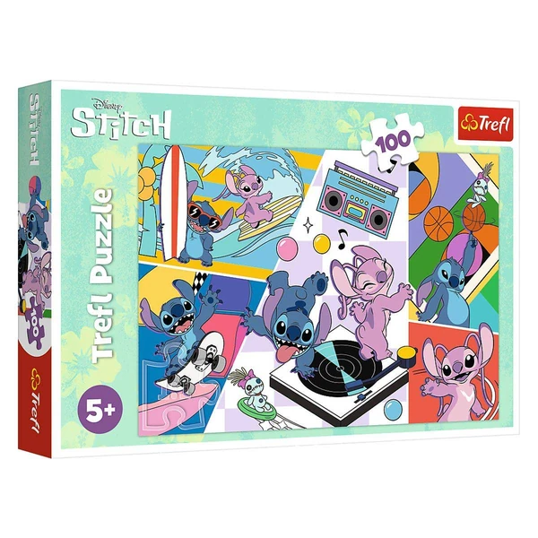 Сложувалки Trefl со 100 делови – избор на слика – Stitch и Angel со скејтборд
