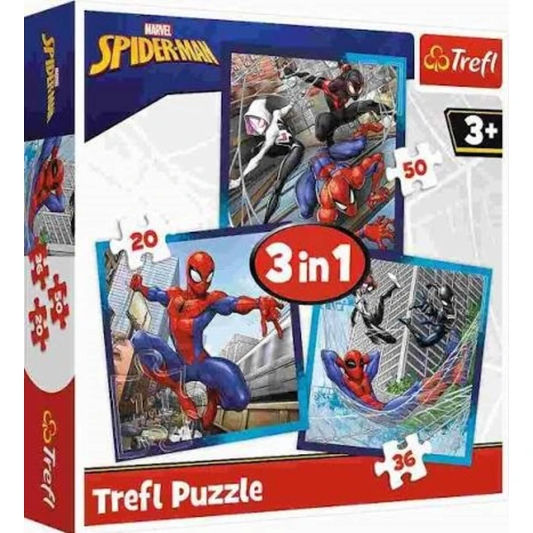 Комплет сложувалки Trefl 3во1, 20–50 делови – Spider-Man – три суперхеројски сцени