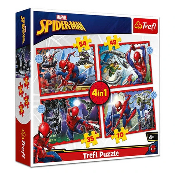 Комплет сложувалки Trefl 4во1, 35–70 делови – Spider-Man – херојски мисии