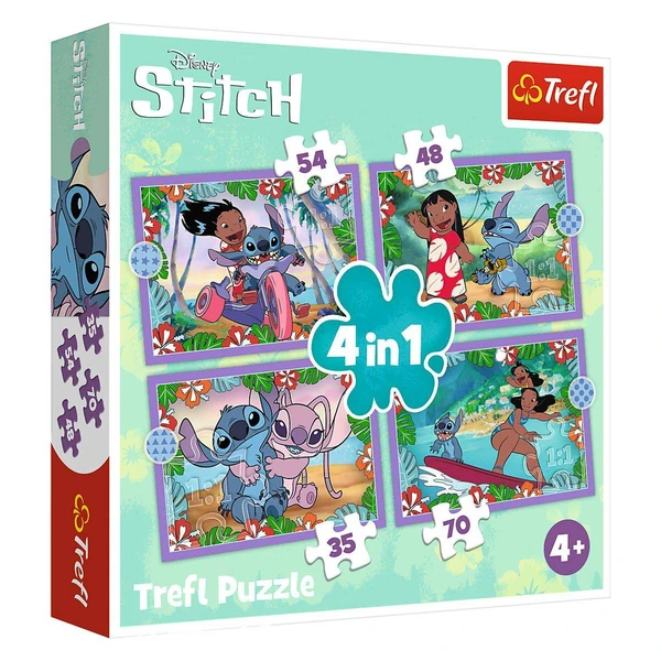 Комплет сложувалки Trefl 4во1, 35–70 делови – Lilo и Stitch – тропска дружба