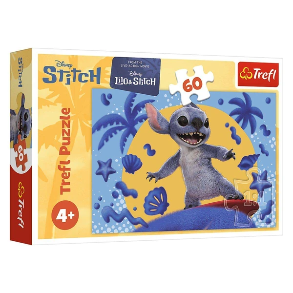 Сложувалки Trefl со 60 делови – ликови, животни и возила – Stitch и Angel со цвеќиња