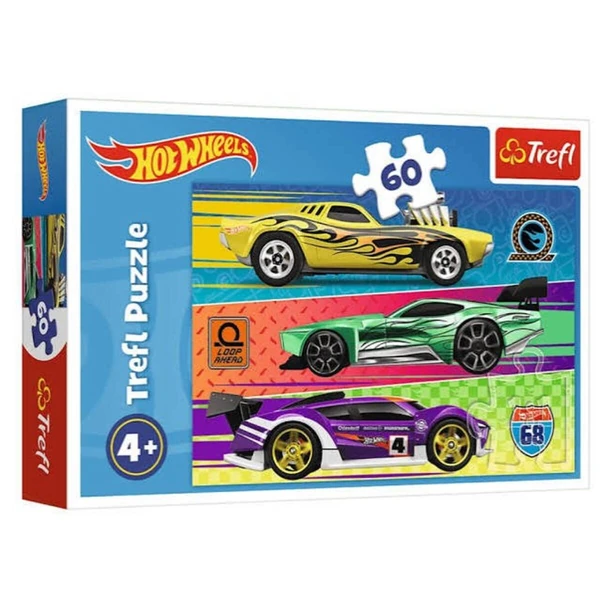 Сложувалки Trefl со 60 делови – ликови, животни и возила – Hot Wheels – три тркачки автомобили